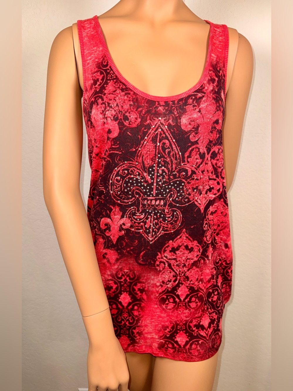 Rock & Republic Red Fleur De Lis Rhinestone Tank Top Y2K Size L